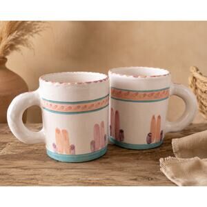 Handmade Southwest Pottery Coffee Mugs Signed Pair Pink Turquoise Artist Signed